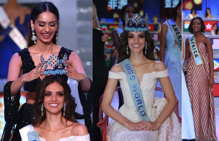 Manushi Chhilar from India crowning Mexican Vanessa Ponce as Quiin Abenakyo looks on